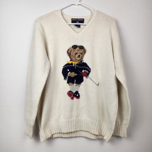 Vintage Ralph Lauren Polo Sport Bear Golf Sweater Cream Large Women Crewneck